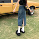 Zhewe hoher Taillenschlitz-Jeansrock für Frauen im Jahr 2024 neuer Sommer kleiner A-Line-Rock Retro Hip-Packing Long Rock Schwarz #3878 XS