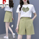 Pier Cardin Sports 2025 paired with fashionable summer short-sleeved fashionable shorts two-piece set for new women's clothing, casual and age-reducing 698# bow [set] M 80-100Jin [Jin equals 0.5 kg]
