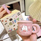 Cute fufu bunny ceramic mug with lid and spoon as a beautiful and meaningful birthday gift for girls. Strawberry rabbit, hand pinch pattern, cup + lid + round spoon