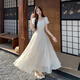 Bangboshi weißes Kleid kurzärmeligte gestickte florale langen Rock 2025 Sommer neuer Kaffee Break Französisch Elegantes Temperament sanftes Stil bestickter Kleid [Aprikosenfarbe] M Größe geeignet [85-100jin [Jin gleich 0,5 kg]]]