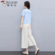 Woodpecker Fashion Cotton and Lines Set Women's Short Sleeve Fashion Spring Clothing New Temperament Slimming Loose Line Wide Legs Two-piece Set Trendy Light Pink Clothes + Apricot Pants Thin M [Suggest weight 95-105 Jin [Jin equals 0.5 kg]]