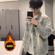 Yiran's jacket men's autumn and winter new style American high street distressed washed lapel trendy brand handsome loose versatile denim jacket for men light blue L recommended 105-125Jin Jin equals 0.5 kg