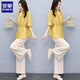 ROMON Cotton Line Suit Women's 2025 Summer New Loose Casual Fashion Large-Size Wide Leg Pants Line Dropping Two-Piece Set Light Bean Green Top + Rice Apricot Pants L (110-125)