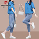 Pier Cardin Summer NUEVA Versión coreana Camisa de manga corta para mujeres Traje de jeans Versión suelta de la cintura elástica Conjunto de dos piezas 1429+5005K Khaki [set] 3xl [recomendado 145-160Jin [Jin iguala 0.5 kg]]