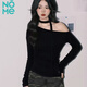 NOMe oblique shoulder slim long-sleeved T-shirt women's waist pleated design temperament streamer top bottoming shirt women black L