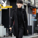 Playboy (PLAYBOY) windbreaker jacket men's winter mid-length new casual Korean style plus velvet warm coat men's versatile hooded woolen coat black black hat L