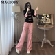 Magiopy International Luxury High-End Brandneue chinesische Zen-Mode-Set Frauen 2025 Spring Breeze High-End-Jacke Top Pulver Schwarzes Top + Pink Hosen xxl (131-150jin [Jin gleich 0,5 kg])