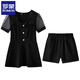 Romon modische Spleiß-Chiffon-Anzug für Frauen im Sommer Neuen Stil, Taille-Hugging und Slimming Kurzärärmelte Top + Shorts zweiteilige Bildfarbe L.