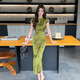 Yiou New Chinese Satin Butterfly Robe for Women, Summer Small Butterfly Modified Cheongsam Long jupe 9922 Purple S