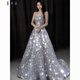 Mei Anjia starry sky sequined evening dress with light luxury temperament annual meeting host engagement wedding dress toasting dress bride silver sequin style XL