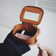 Retro handmade genuine leather cosmetic bag lipstick storage bag with mirror mini solid color makeup bag portable beeswax yellow