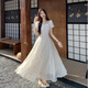 Bangboshi weißes Kleid kurzärmeligte gestickte florale langen Rock 2025 Sommer neuer Kaffee Break Französisch Elegantes Temperament sanftes Stil bestickter Kleid [Aprikosenfarbe] M Größe geeignet [85-100jin [Jin gleich 0,5 kg]]]