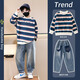 McTicco Boys 'Frühlings- und Herbstanzug 2025 Neues koreanisches Kinderstil hübsches gestreiftes Sweatshirt Big Children's Mode Spring Jeans Trendy 4865 Streifen + 13077 Blau [Frühlings- und Herbstanzug] 160 160 cm
