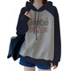 Gtyuwvg2024 Herbst und Winter Neue koreanische Version Lose Raglan-Hülle Spleißung kontrastierender Farbe Kapuze plus Samt verdickte Sweatshirt für Frauen in Mode 6197 Kapuzenblumblau grau Blaues Raglan-Hülle Sweatshirt S 80-100jin [Jin gleich 0,5 kg]