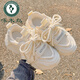 Woodpecker autumn women's shoes dad's shoes women's breathable mesh shoes with wide-leg pants shoes thick-soled white shoes sneakers trendy 9905-1 beige leather 35