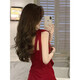 Qu Chen Robe rouge Jobe robe pure robe de toast robe sexy robe d'été suspension jupe rouge haut de gamme