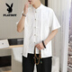 Playboy (Playboy) Traje de camiseta de manga corta de estilo chino para hombres falsos de dos piezas de dos piezas a cuadros a cuadros Lino de algodón de algodón de dos piezas One Set New Chinese Stand-up Collar T 9887 White [superior + pantalones] Manga larga M 110Jin [Jin equivale a 0.5 kg]