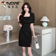 Woodpecker New Chinese Improved Cheongsam Skirt Women's Retro Patch-button Jacquard Dress Summer Square Collar Puff Sleeve Slit Hip Skirt 983-2 Long Black XL