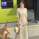 罗蒙绸缎连衣裙两件套女欧洲站2025春夏新款遮肚显瘦天丝收腰衬衫吊带 冰川蓝 套装 L 建议110-140斤