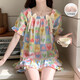 Pajama de algodón en la nube para mujeres en verano dulce estilo floral con almohadilla de pecho pantalones cortos de manga corta La ropa delgada del hogar se puede usar afuera 9902-3# 2XL