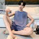 VTT男睡衣夏季无袖纯棉薄款背心短裤家居服宽松套装大码可外穿 V背心短裤：OMM13063 L