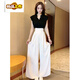 Chujing 2025 Nuevo traje de verano Internet Celebridades de reducción de edad de la edad Top calzada plisada de patas anchas Falda de dos piezas Set para mujeres pantalones de pierna ancha de velcro (estilo de verano) S 85-100Jin [Jin equivale a 0.5 kg] altura de pantalones por encima de 160 por encima de 160