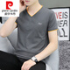 Pierre cardin knitted men's short-sleeved 2025 new pure cotton v chicken heart neck T-shirt for youth summer thin half-sleeved trendy top black QY691 M