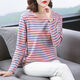 Opeodly mittlere Mutter 2025 Herbst neues Langarm Shirt Damen Striped Rund Neck Basis Hemd Locker großes oberes neues Produkt [833 Grün] M [90-105jin [Jin entspricht 0,5 kg]]