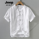 
JEEP SPIRIT retro Chinese style summer linen top Tang suit men stand collar thin short-sleeved cotton linen shirt Chinese button-up shirt 1047 white M