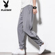 Playboy (PLAYBOY) Chinese style linen men's pants summer loose Chinese casual pants large size men's Tang suit cotton linen harem lantern gray 5XL