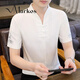 Markos new Chinese style cotton linen short-sleeved T-shirt for men 2025 new summer plate button V-neck embroidered Tang suit Hanfu men E9871 white M [90-105Jin [Jin equals 0.5 kg]]