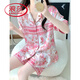浪莎（LangSha）国风水墨画冰丝睡衣女夏季天新款短袖薄款女士粉色丝绸家居服套装 LW-9214【短袖短裤】 L 【建议100-120斤】
