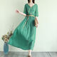 Hengyuanxiang retro literary solid color splicing dress for women 2025 summer large size loose slim lace waist long skirt Green XL [130-145Jin[Jin equals 0.5 kg]]