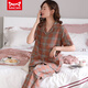 Catman Miiow Pajamas Femenino de algodón de algodón de algodón de algodón de algodón de manga corta se puede usar trajes de manga corta en el exterior para ropa a cuadros de mediana edad de verano xkf9921 m 80-