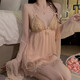 Modal Summer Sweet Mesh Lace Spitze Deep V Plus Brust Pad Sexy Rückenless großer Nachthemd Robe Home Anzug Mode Frauen P3886 Himmelblau (Außengewand + Gürtel) 3xl