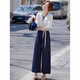 Awakening Paradise French Style Literary Style Round Neck Shirt Lace Tie High Waisted Wide Leg Pants Two-piece Commuting Suit Navy XL