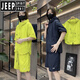 JEEP SPIRIT夏季运动套装男女同款休闲个性拉链宽松连帽短袖工装短裤短袖两件 黑色【套装2件】 M