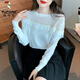 
Woodpecker 2025 autumn and winter new fashion mesh spliced ruffle knitted base shirt fashionable women's sweater top white S