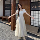 Bangboshi weißes Kleid kurzärmeligte gestickte florale langen Rock 2025 Sommer neuer Kaffee Break Französisch Elegantes Temperament sanftes Stil bestickter Kleid [Aprikosenfarbe] M Größe geeignet [85-100jin [Jin gleich 0,5 kg]]]