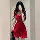Jin Bingsheng retro style suspender dress new pure desire dress red high-end niche temperament waist-hugging short skirt Burgundy [upgraded waist-hugging style] L [recommended 105-115Jin [Jin equals 0.5 kg]]