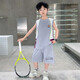 Niños Summer Seda Seda de color secado rápido Uniforme de baloncesto sin mangas 2025 Nuevo chaleco delgado de los niños pantalones cortos de chalecos delgados de los niños Traje gris (Top + pantalones sin mangas) 160 (recomendado dentro de 150)