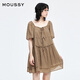 Moussy 2025 summer new product sweet waist-covering one-shoulder strap striped dress 028ISA33-4051 065 pattern brown S
