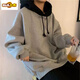 First-diameter gray hooded thickened sweatshirt new 2025 autumn and winter European goods oversize loose lazy mid-length jacket 13886 black sweatshirt S