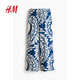 Pantalones casuales de mujeres H/M Summer Impreso Pantalones delgados de la cintura alta la cintura elástica Pantalones de pierna ancha recta 1216645 Patrón azul/crema XS 155/64