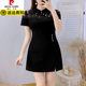 Pierre Cardin plus size summer dress for women slimming belly-covering little black dress for fat mm cheongsam style improved version Chinese style retro slit dress black M recommended 92-103 Jin Jin is equal to 0.5 kg
