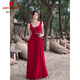 Pierre Cardin (Pierre Cardin) Enorme y hermoso vestido de suspensión sexy rojo para mujeres en las vacaciones en la playa de verano, temperamento de abrazadera de cintura plisada.