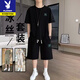 Playboy Men's Short Sleeve T-Shirt Set Trendy Large Size Men's Casual and Handsome Summer New Loose T-Shirt Shorts Two-Piece Set 829 Khaki [T-Shirt + Shorts] 2XL Recommended Weight 160-180 Jin [Jin equals 0.5 kg]
