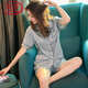 
LangSha (LangSha) light luxury ice-sensing pajamas for women short-sleeved shorts two-piece suit summer thin cardigan silk home clothes 3899 turquoise green M (85-Jin [Jin equals 0.5 kg])