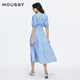moussy 2025新品田园风泡泡袖绑带收腰连衣裙女028ISA33-4081 115花纹蓝色 S