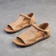 Echtes weiches Leder 2025 Sommer neuer Retro -Fischmund flacher Sohle vielseitiger Römische Sandalen weiche Sohle lässige und komfortable Sandalen für Frauen Khaki 37